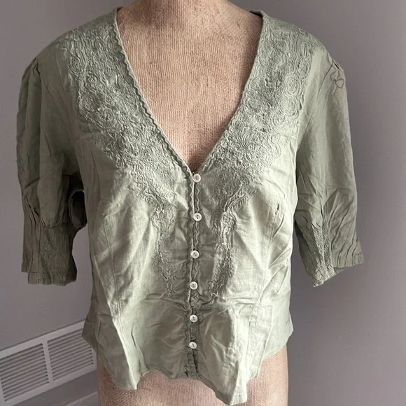 Free People Laurie Embroidered Blouse In Green Tea Leaves Medium NEW! - Picture 4 of 8